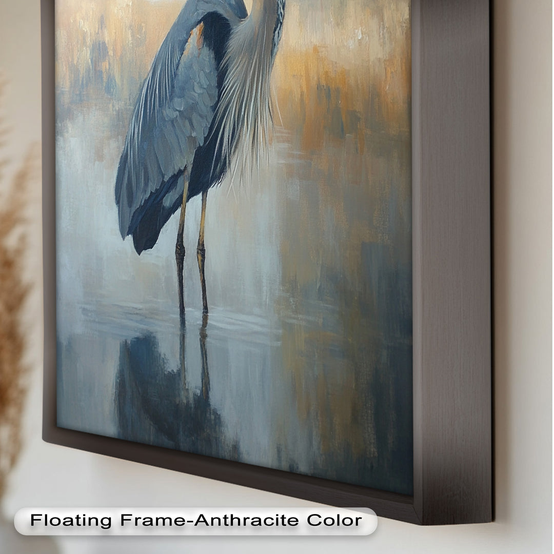 Heron in Misty Marshland - Framed Oil Painting