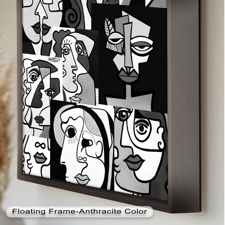 Monochrome Muse – Picasso-inspiriertes Ölgemälde mit kubistischen Gesichtern