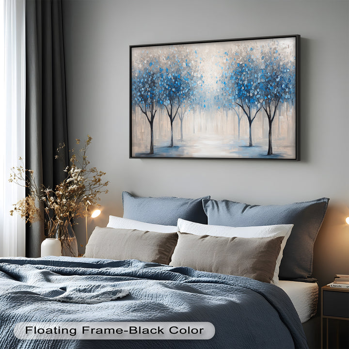 A modern artwork of a quiet tree-lined path, where cool blue tones and soft brushstrokes evoke serenity and stillness.

