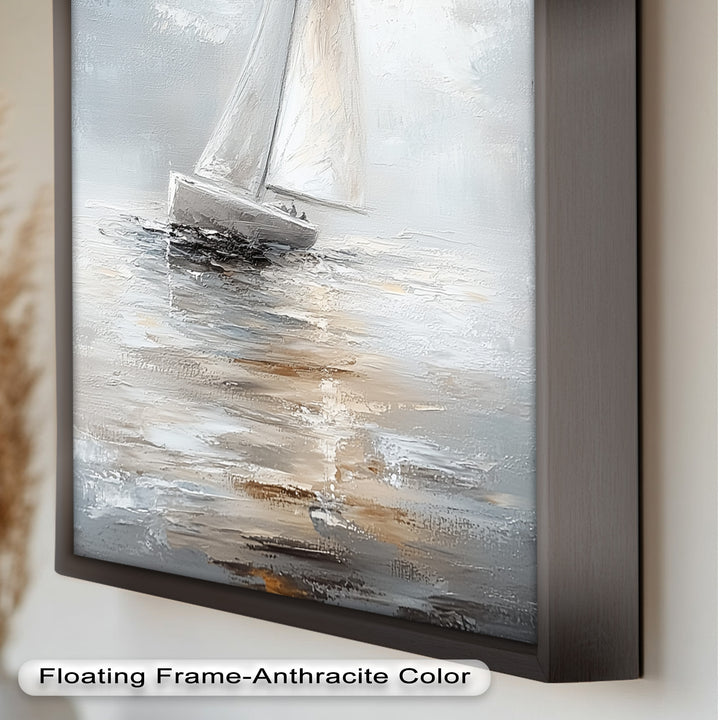 Sailing Through the Mist – White Boat Oil Painting