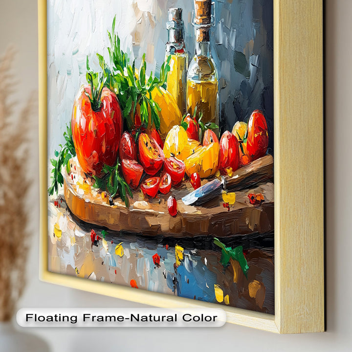 Tomato & Olive Oil Kitchen Art – Colorful Framed Oil Painting