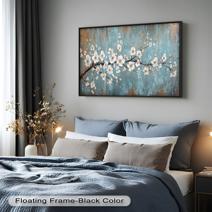 White Blossoms on Blue Textured Branch - Flower Oil Painting