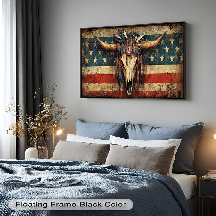 Tribal Longhorn Totenkopf mit Kopfschmuck – Amerikanisches Ölgemälde