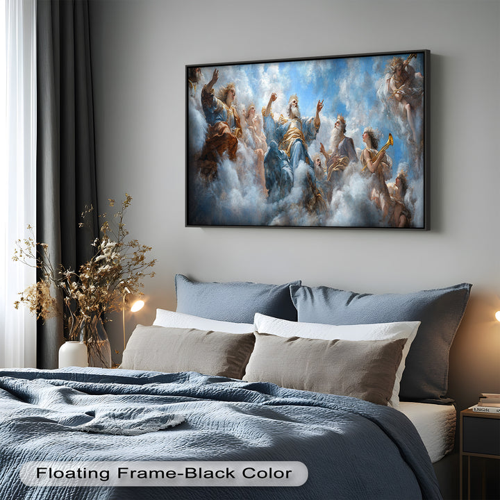 Himmlischer Hof der Götter – Ölgemälde in göttlichem Blau und Gold