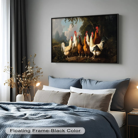 Abundant negative space draws attention to the captivating 'Roosters and Hens in a Countryside Clearing,' an animal oil painting wall art piece that adds rustic charm.