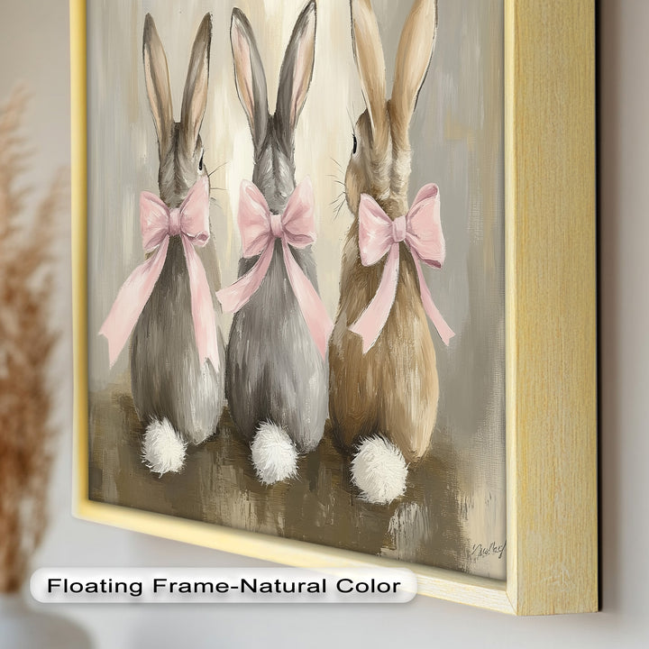 Trio of Bunnies with Pink Bows – Animal Oil Painting