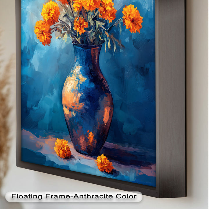 Golden Marigolds in Midnight Blue – Flower Oil Painting
