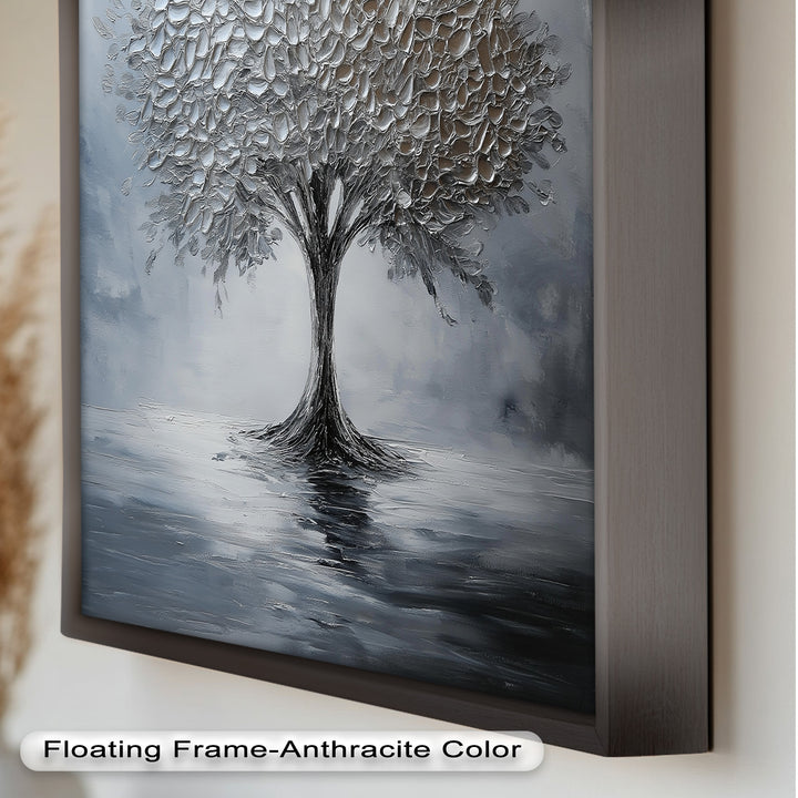 Silver Stillness – Tree in Monochrome Abstract Oil Painting