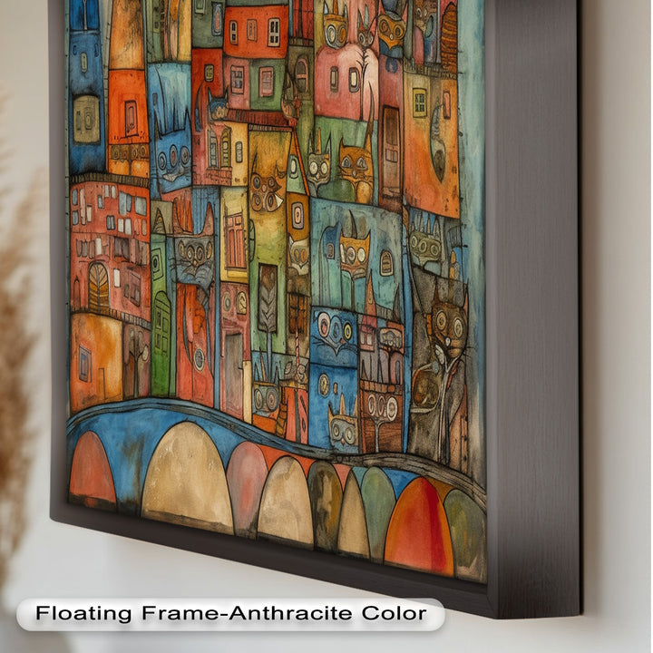 Whimsical Cat Cityscape – Surreal Architecture and Feline Picasso Oil Painting