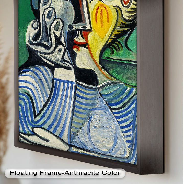 Nachdenklicher Blick – Gestreifte Frau mit Sonnenhut Picasso Ölgemälde