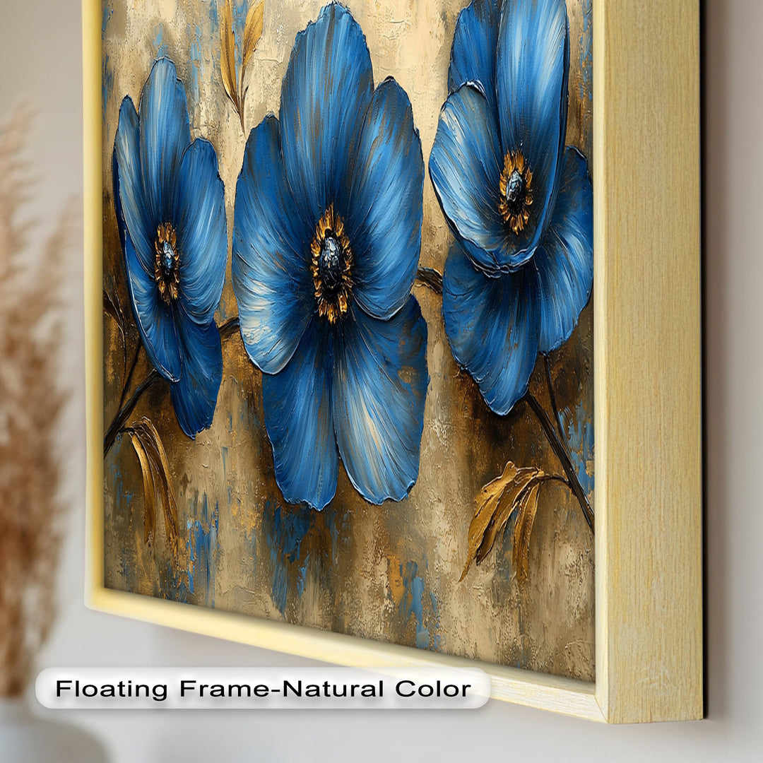 Golden Beige Elegance – Royal Blue Floral Trio Flower Oil Painting