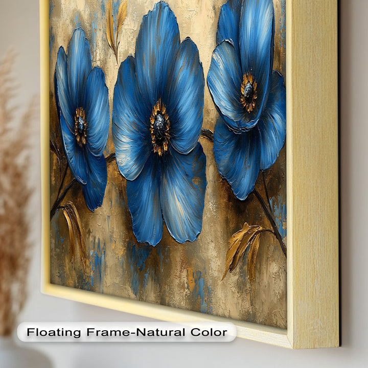 Golden Beige Elegance – Royal Blue Floral Trio Flower Oil Painting