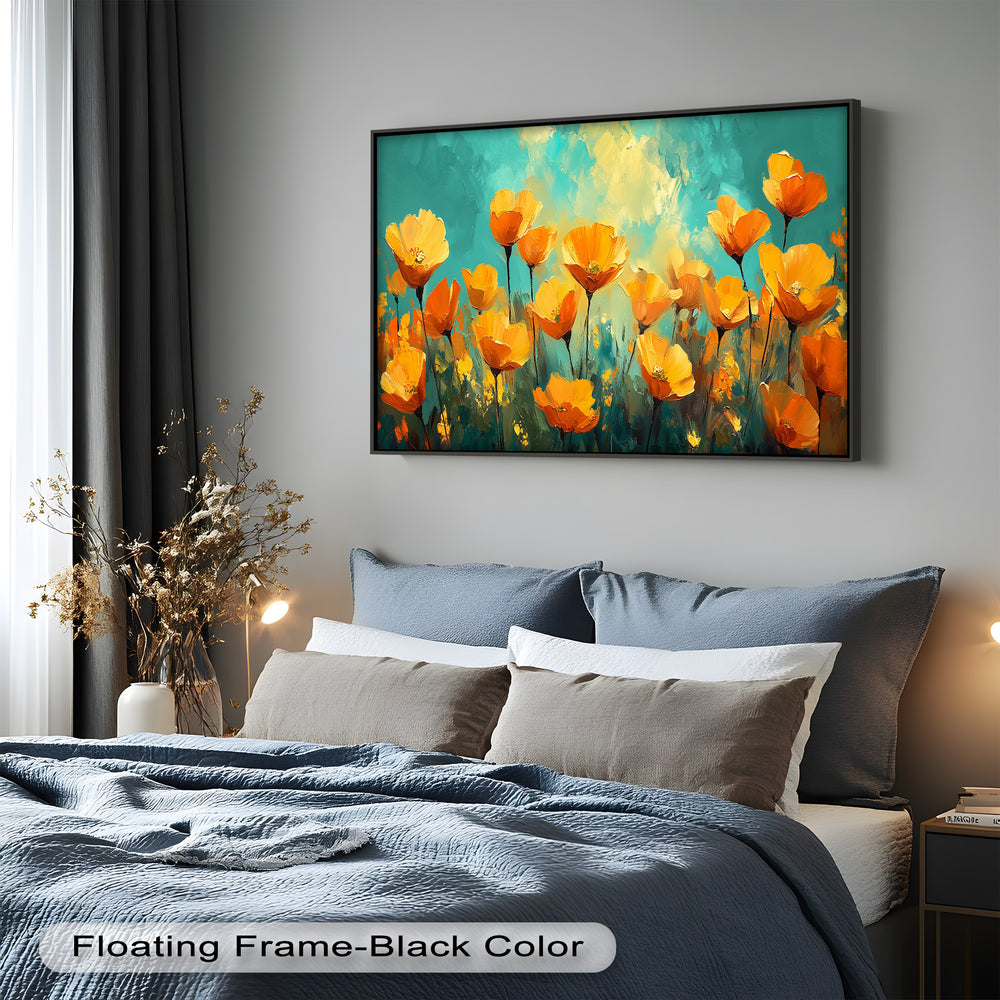 A cheerful floral painting of orange flowers dancing in the sunlight, set against a dreamy turquoise background.
