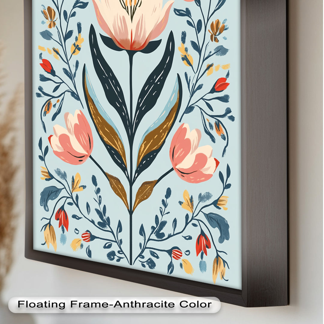 Folk-inspirierte Tulpenharmonie – Boho-Blumenölgemälde