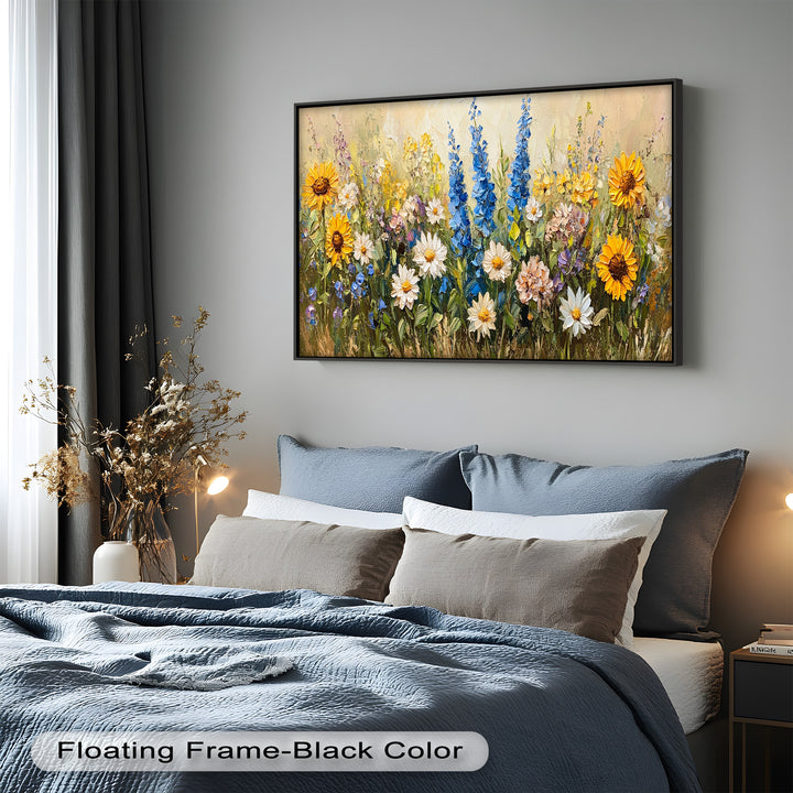 A vibrant botanical painting of sunlit wildflowers in yellow, blue, and soft pink tones, arranged in a joyful, blooming field.