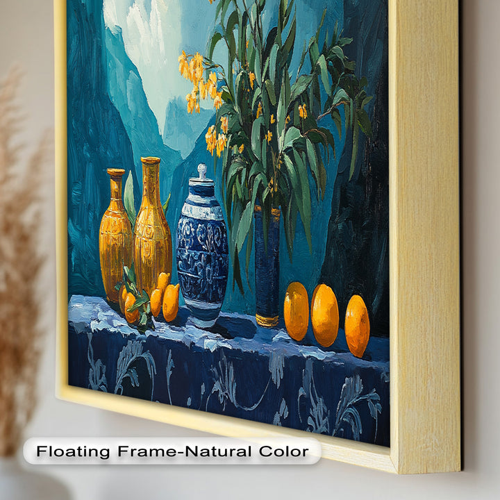 Blue & Yellow Vase Citrus Still Life – Framed Oil Painting