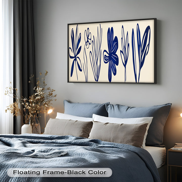 Indigo Bloom Line Art – Minimalistisches florales Ölgemälde