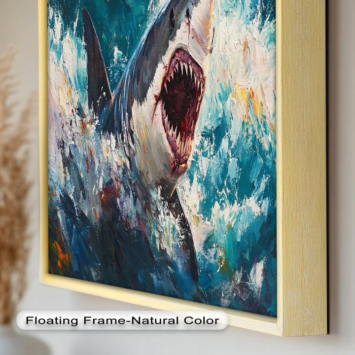 Ferocious Shark Emerging from Turbulent Waters – Animal Oil Painting