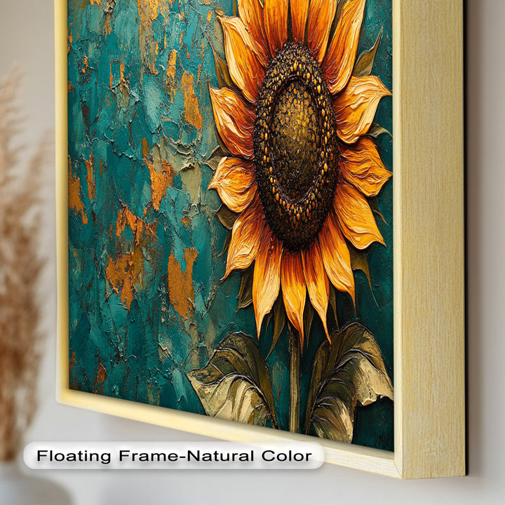 Sunflower on Textured Teal - Flower Oil Painting