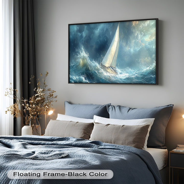 Into the Surge – Sailboat Battling Ocean Waves Oil Painting