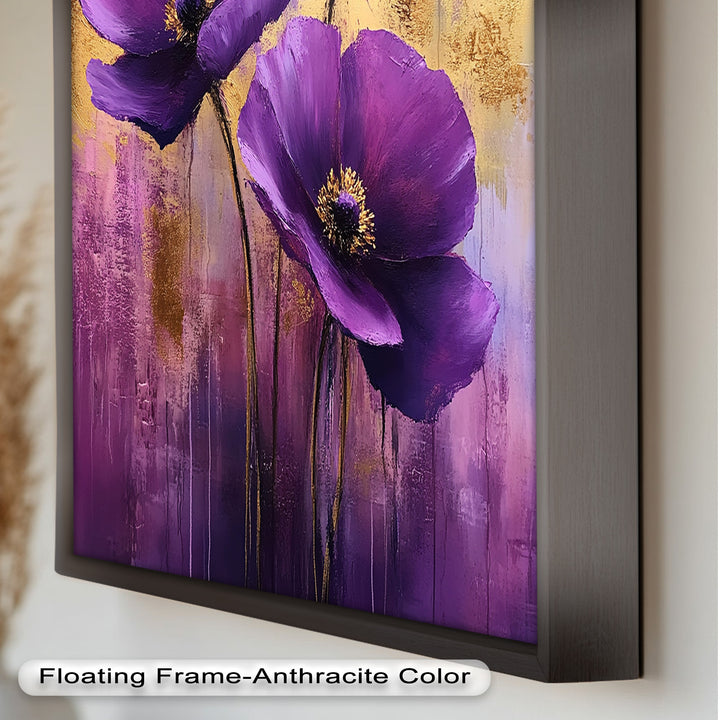 Velvet Blossoms – Purple Floral Elegance with Gold Flower Oil Painting