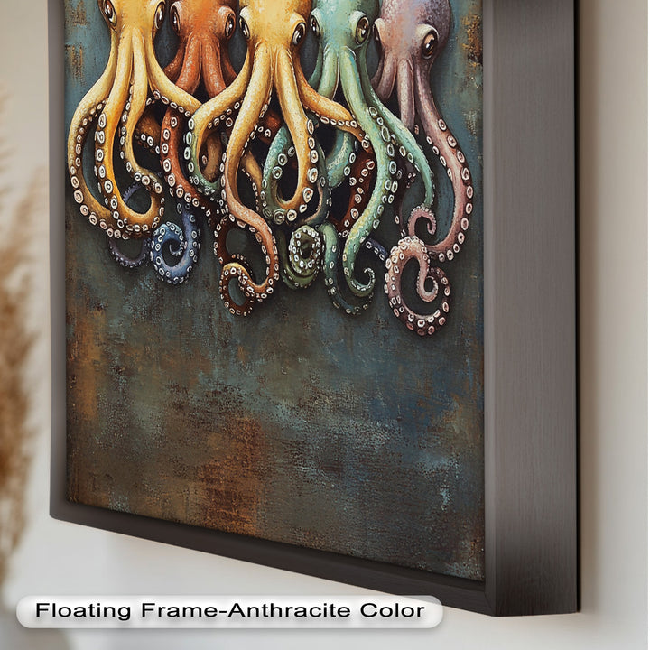 Whimsical Row of Octopuses – Colorful Sea Life Animal Oil Painting