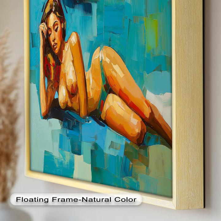 Tropical Repose – Reclining Woman with Ocean Tones Oil Painting
