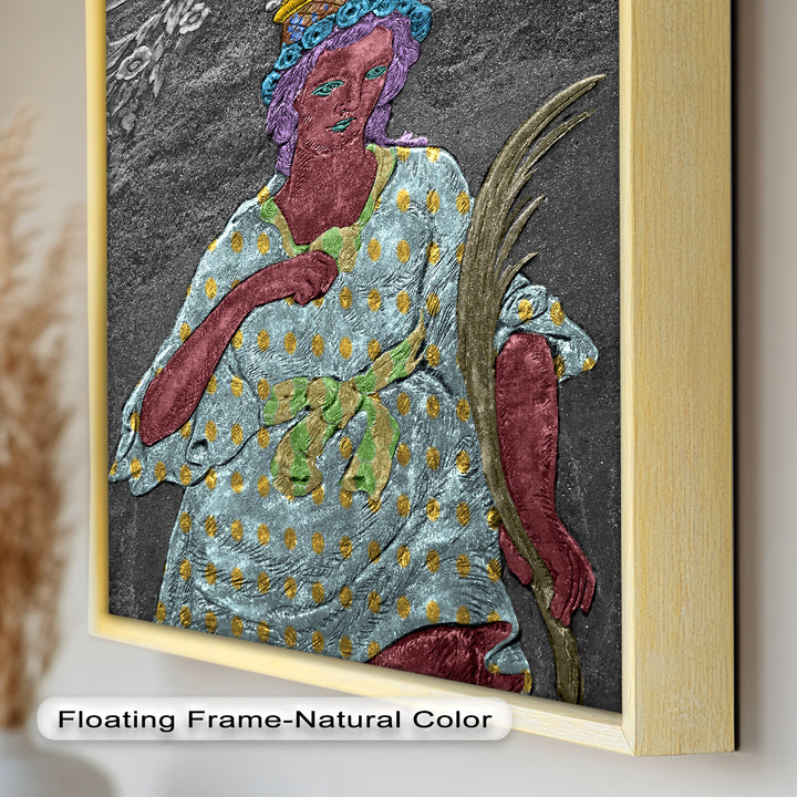 Geheiligte Blüte – Polychromes Engelrelief-Ölgemälde