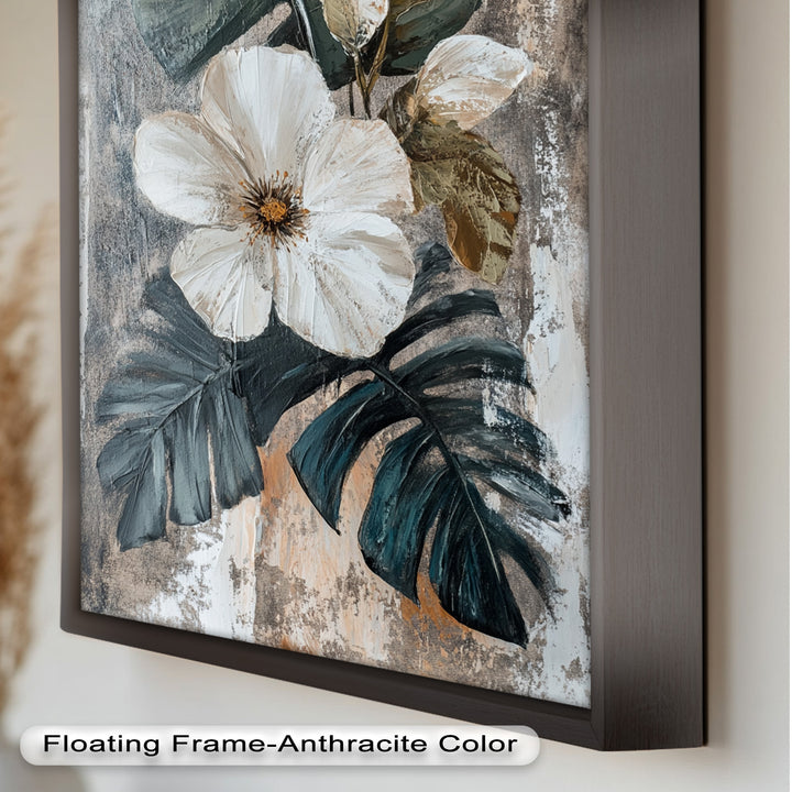 White Bloom and Tropical Leaves - Flower Oil Painting