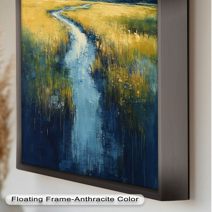Golden Fields and Blue Stream – Contemporary Landscape Oil Painting