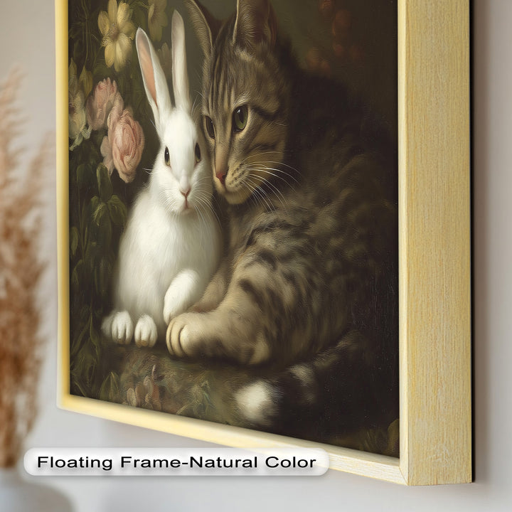Cat and Rabbit in Floral Harmony - Animal Oil Painting