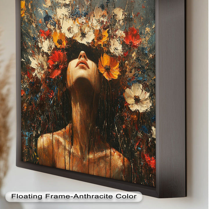 Floral Rebirth – Woman with Blossoming Crown Abstract Oil Painting