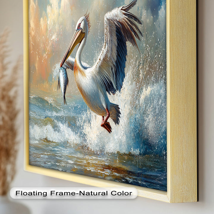 Pelican Catching Fish in Ocean Surf – Animal Oil Painting