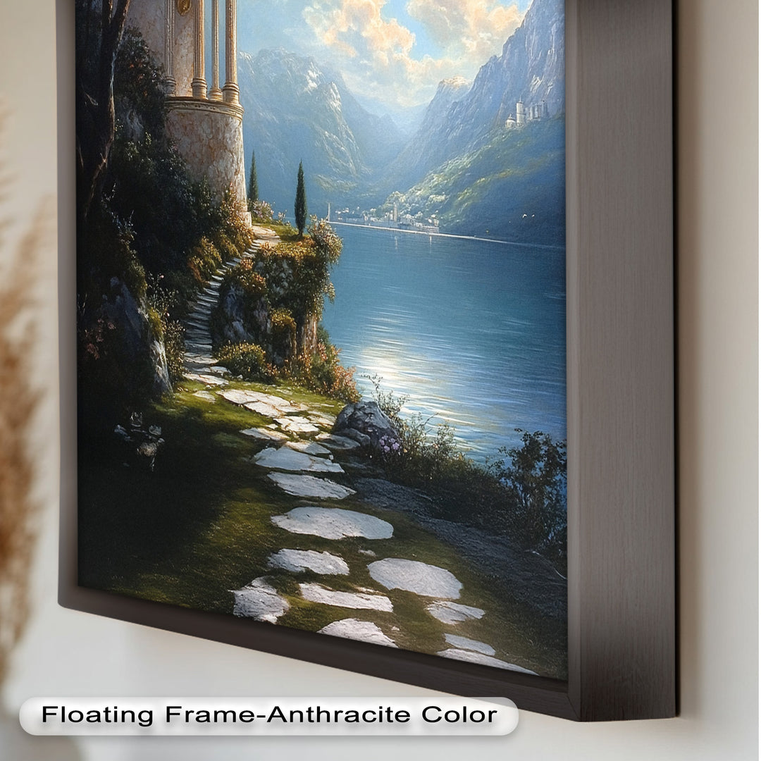 Sonnenbeschienener Tempel am See – Ölgemälde der Renaissance