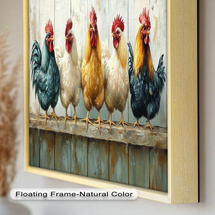 Colorful Roosters on a Wooden Fence – Animal Oil Painting
