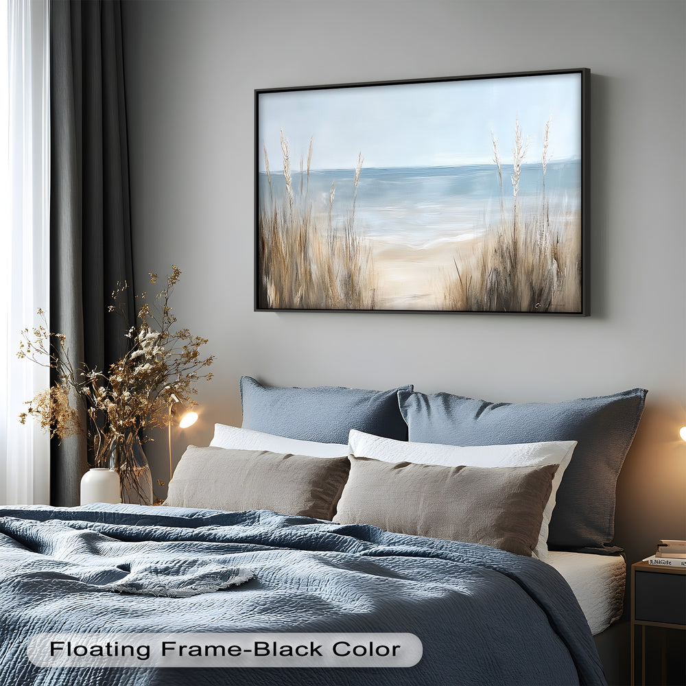 With minimalist brushstrokes and a soothing palette of beiges and blues, the artwork evokes quiet, breezy moments by the sea.