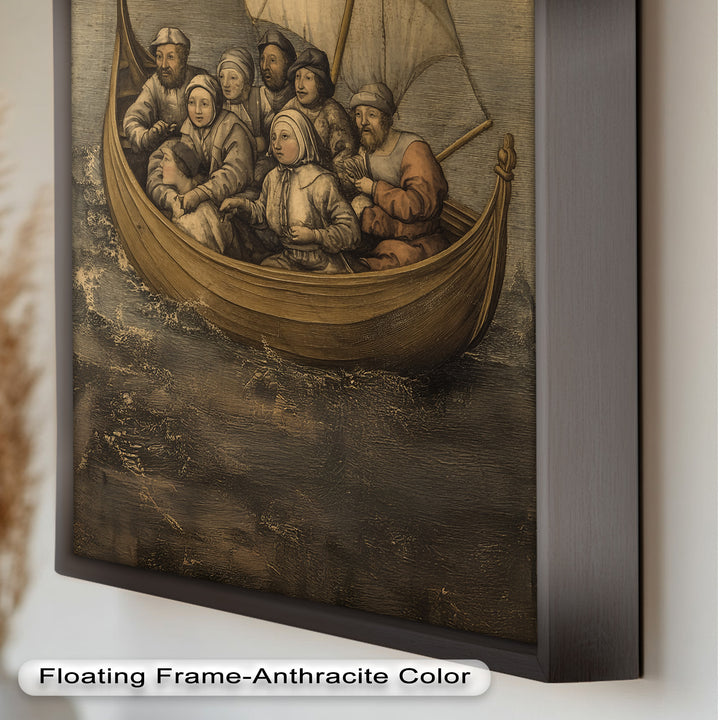 Medieval Sailors in Wooden Vessel - Historic Oil Painting