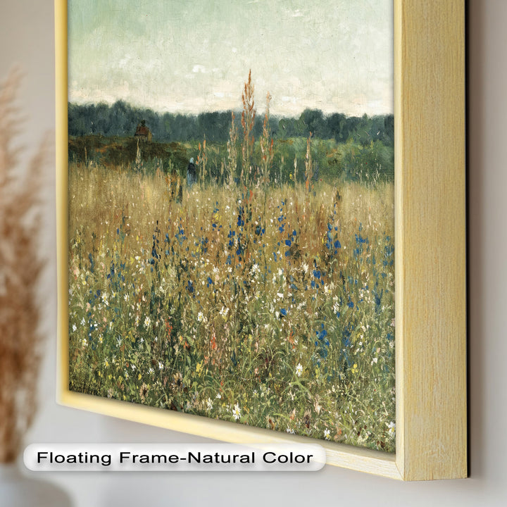 A timeless landscape artwork portraying the quiet beauty of nature, where wildflowers flourish in an open field under a calm, muted sky.