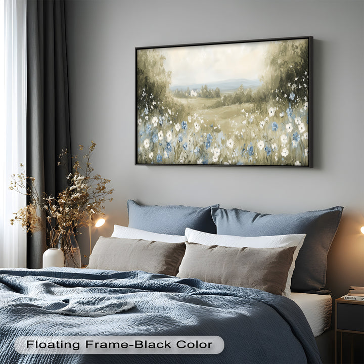 Blue Wildflower Meadow Landscape Oil Painting