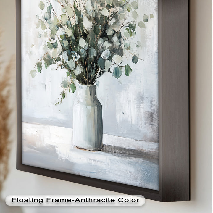Eucalyptus Essence – Minimalist Greenery in Ceramic Vase Oil Painting