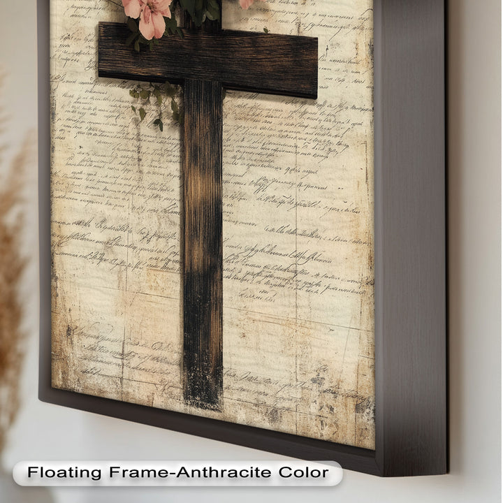 Holzkreuz mit rosa Blüten - Christliches Ölgemälde