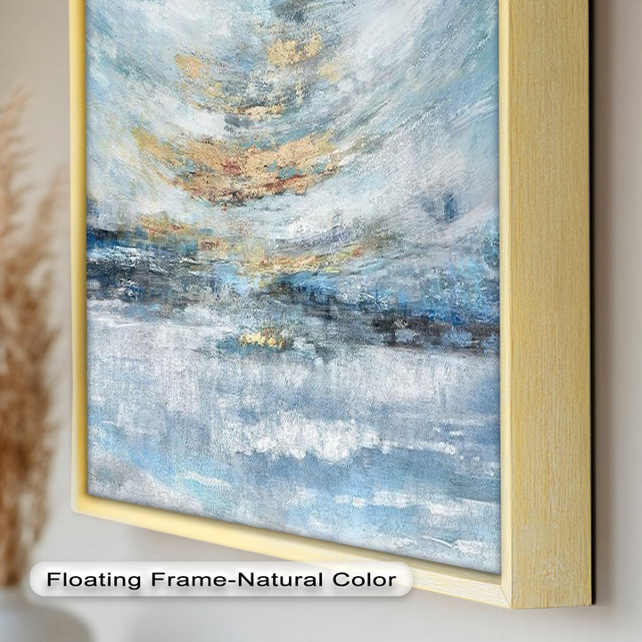 A modern abstract landscape painting capturing the essence of light and movement, with a peaceful mix of cool blues and warm golden highlights.