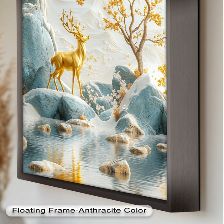 Golden Deer in Snowy Mountain - Animal Oil Painting