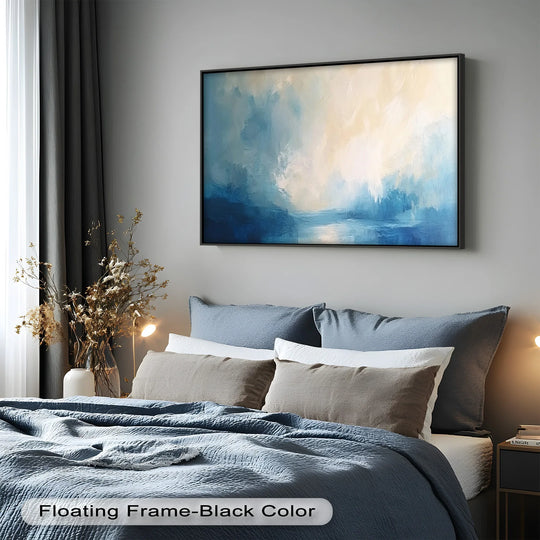 Tranquil sky waters, the blue and cream abstract oil painting decoration, offers a serene focal point in a calming, minimalist bedroom setting.