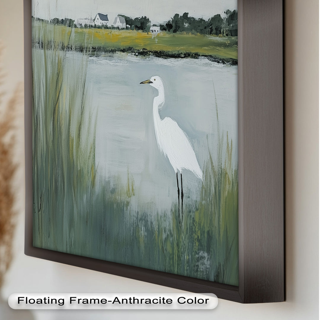 Egret by the Marsh – Minimalist Landscape Oil Painting