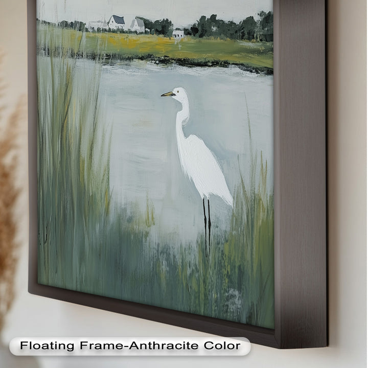 Egret by the Marsh – Minimalist Landscape Oil Painting