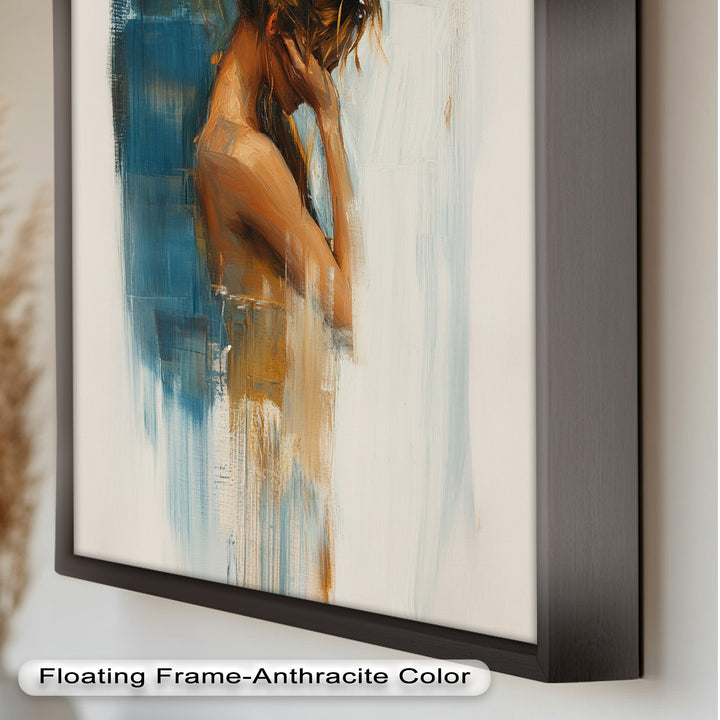 Veil of Thought – Introspective Woman in Blue and Gold Abstract Oil Painting