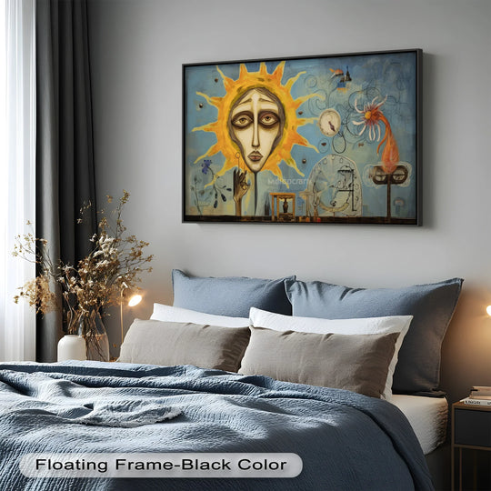 Negative space surrounds the surreal sun-face in this Picasso-style oil painting artwork, accentuating the dreamlike elements and floating symbols of the Solar Mindscape.
