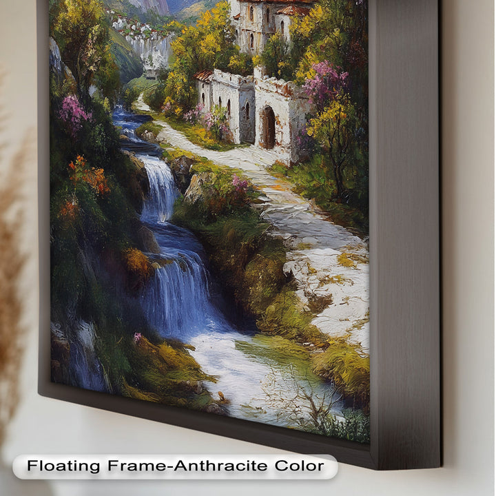 Mountain Abbey by the Falls – Serene Renaissance Oil Painting