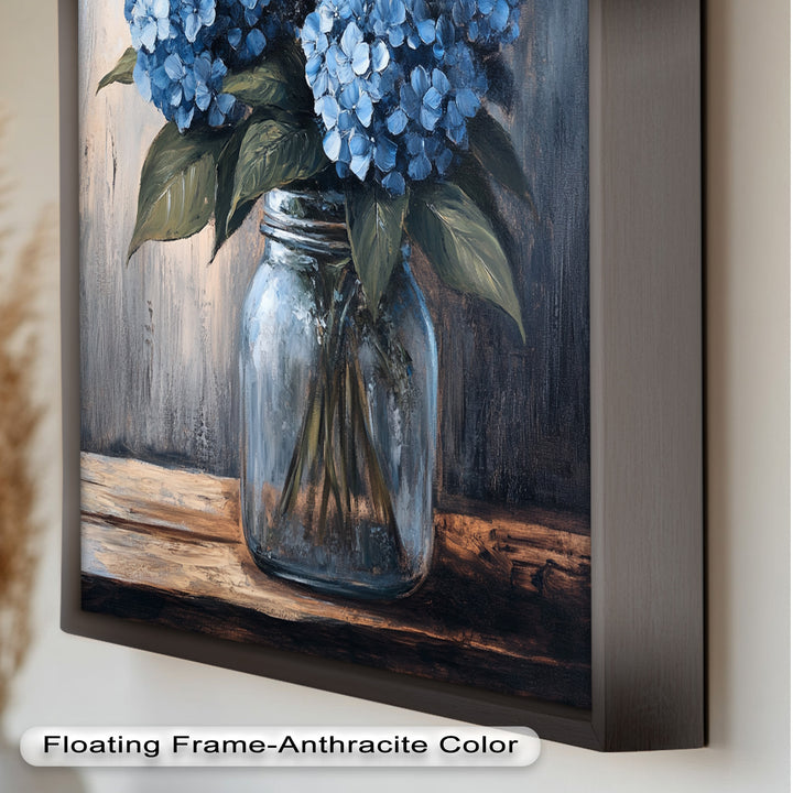 Blaue Gelassenheit – Hortensienblüten im Einmachglas, Blumenölgemälde